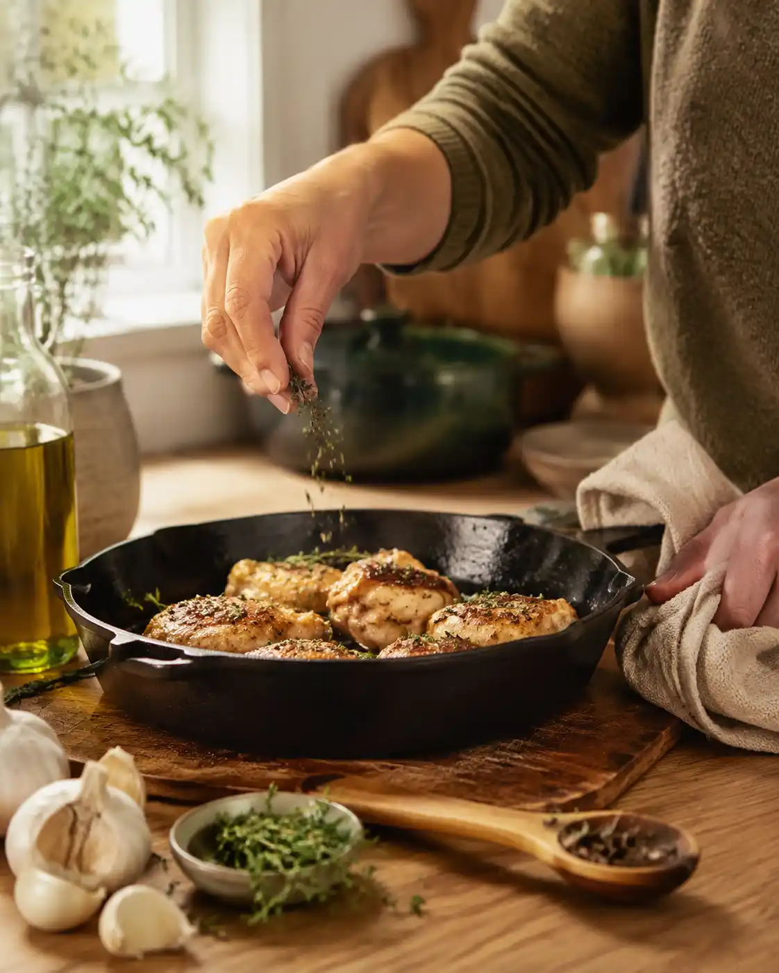 Home cook preparing a simple skillet dinner with fresh ingredients