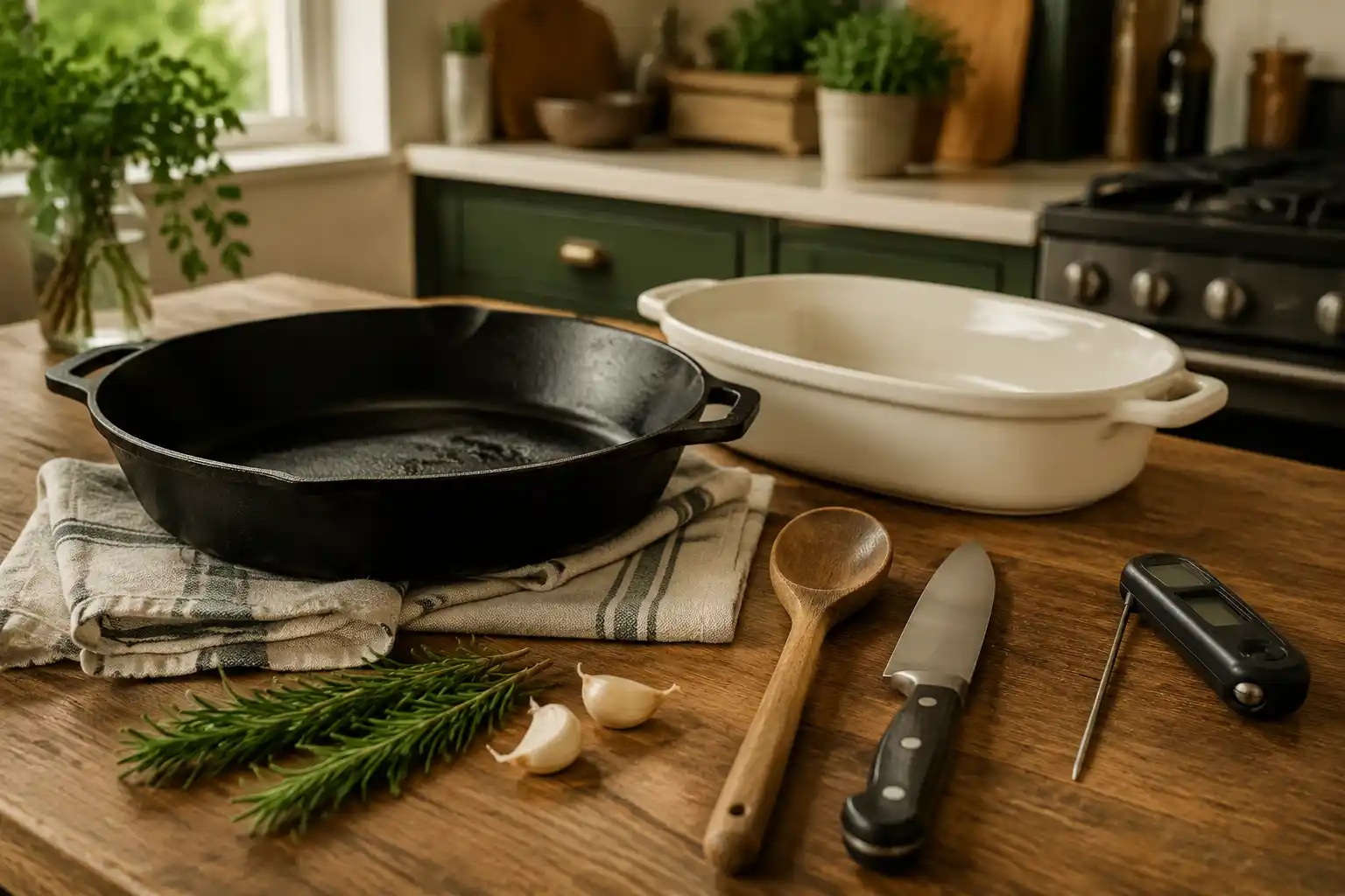 Practical kitchen tools including a cast iron skillet, chef knife and meat thermometer