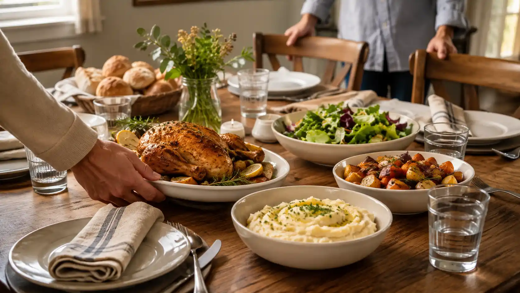 Warm family dinner table with homemade American comfort food