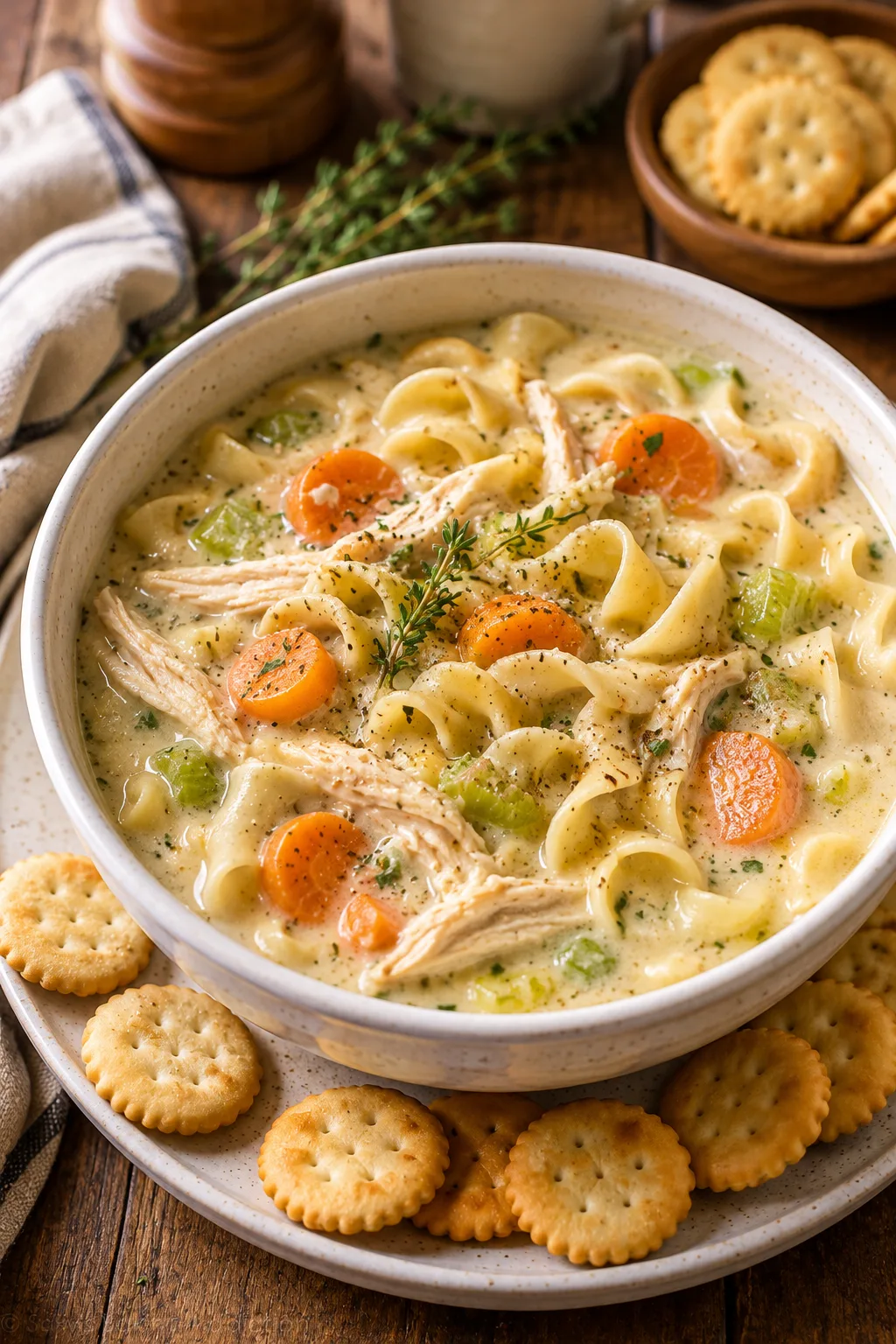 Finished creamy chicken noodle soup with tender chicken and vegetables