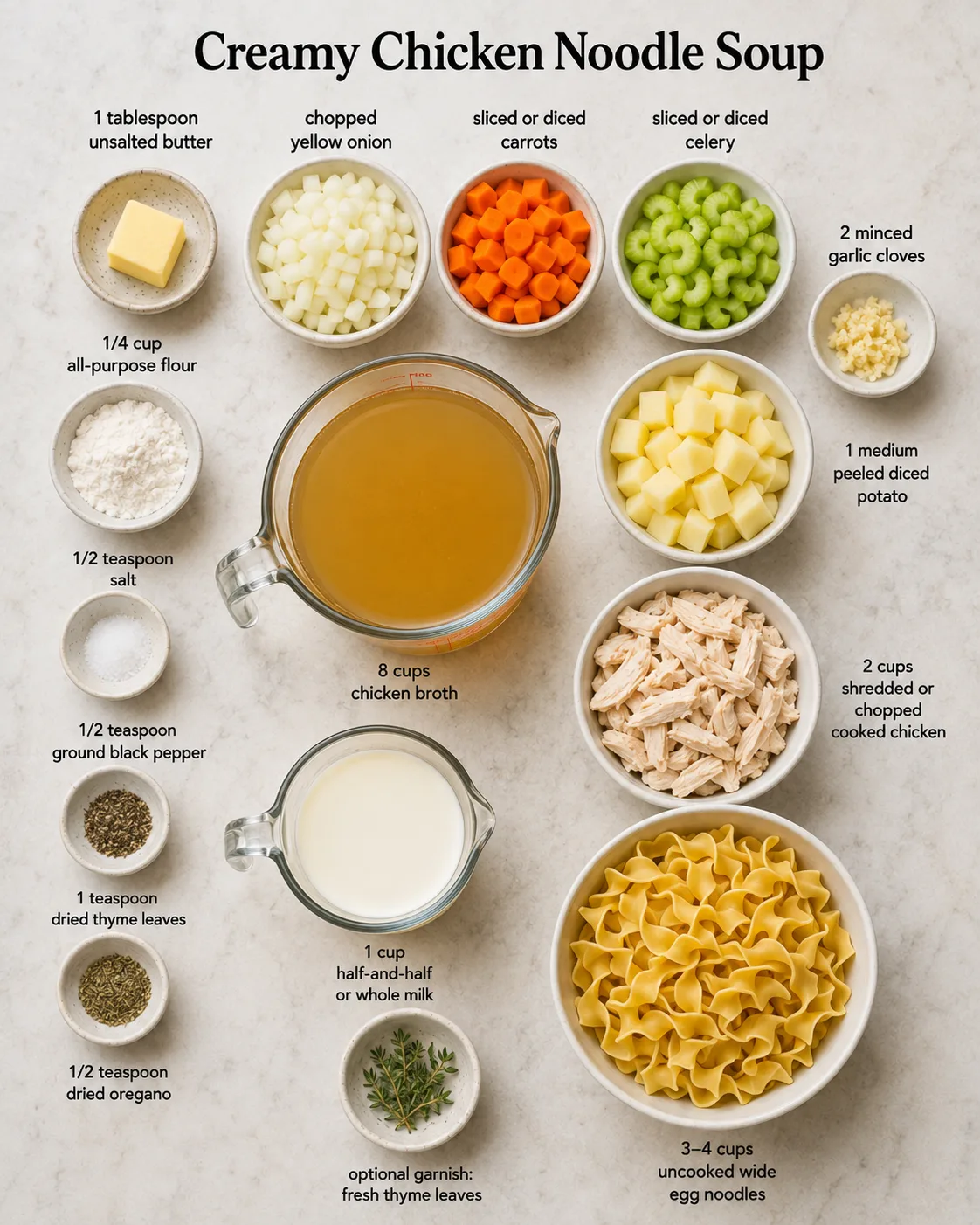 Ingredients for Cozy Creamy Chicken Noodle Soup arranged before cooking