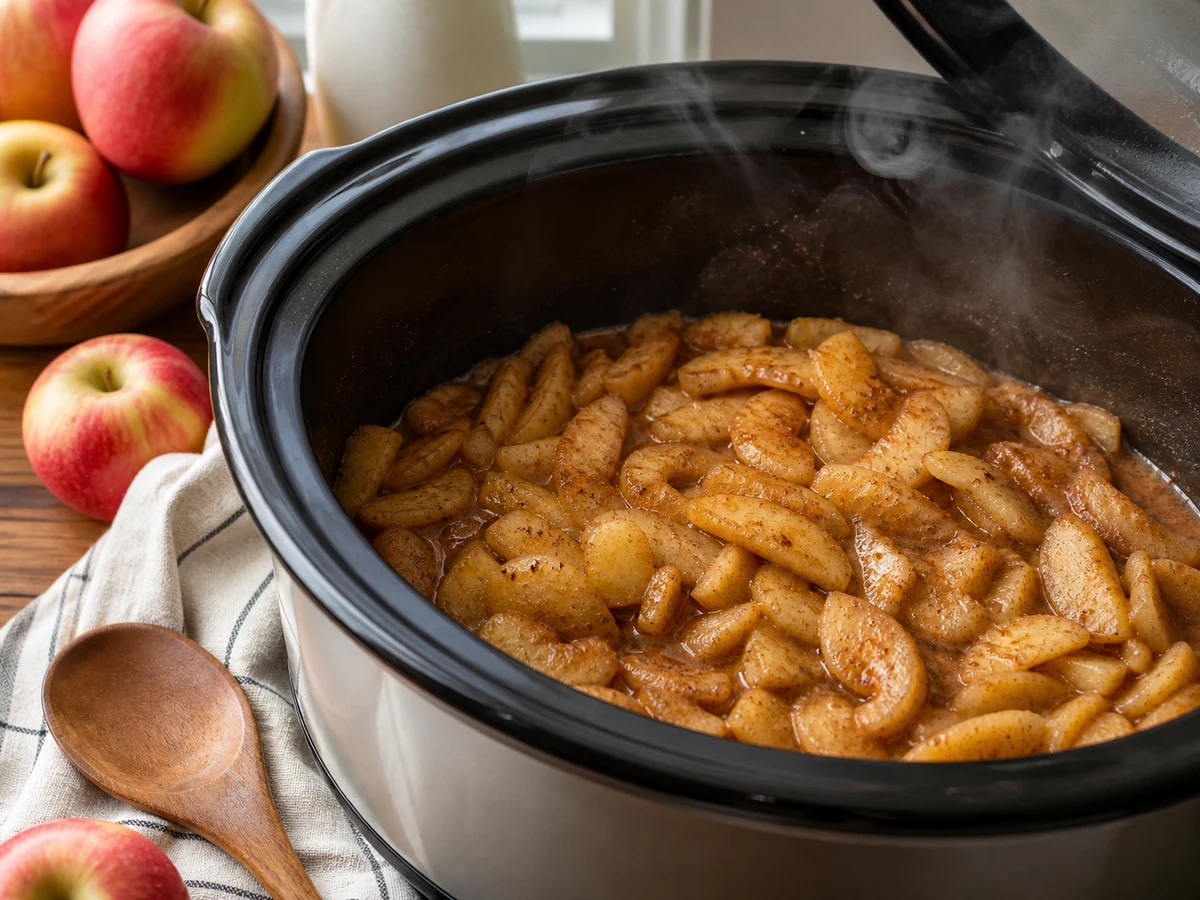 Spiced apples cooking in a slow cooker for homemade apple butter