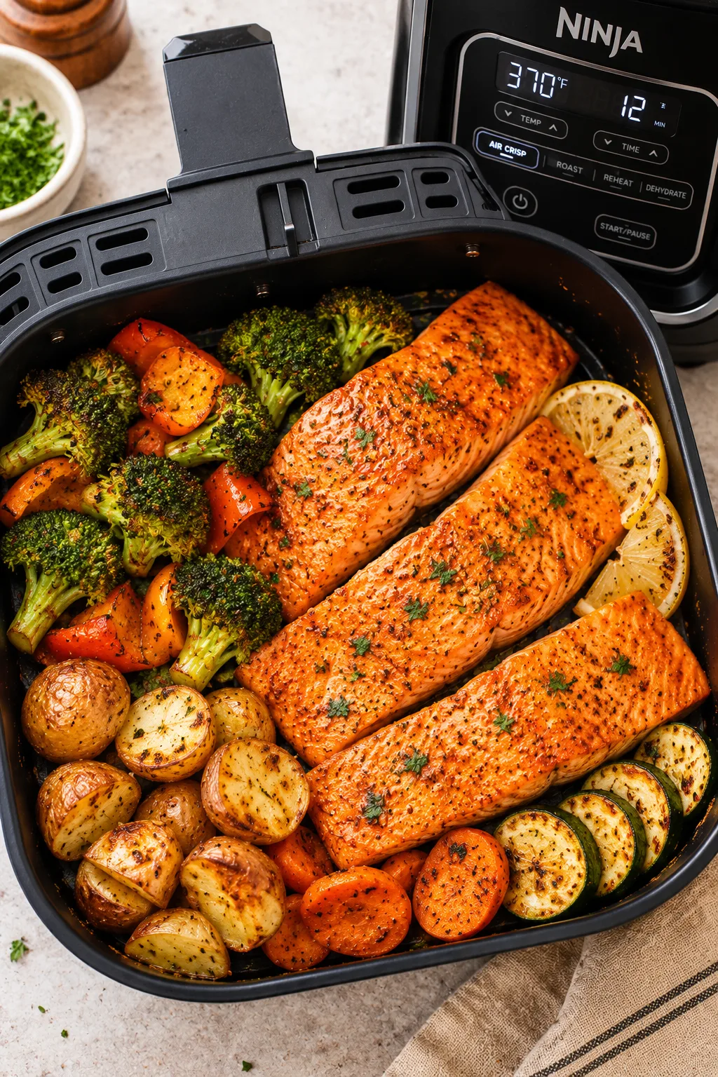 Finished air fryer salmon with browned vegetables ready to serve