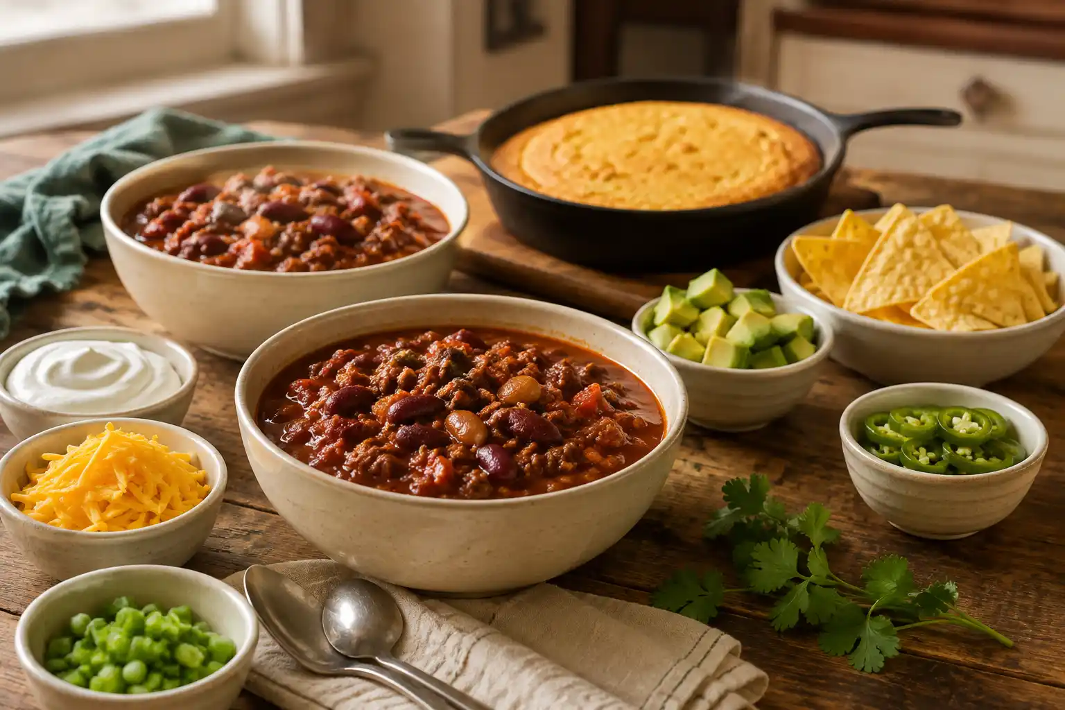 Slow cooker chili served with cheddar, sour cream, avocado, jalapeños, and tortilla chips