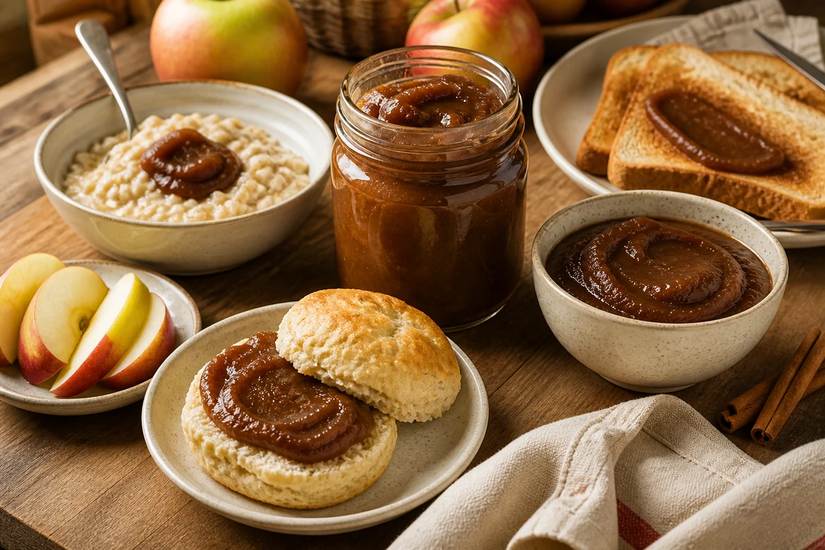 Homemade apple butter served with toast, biscuits, oatmeal, and fresh apples