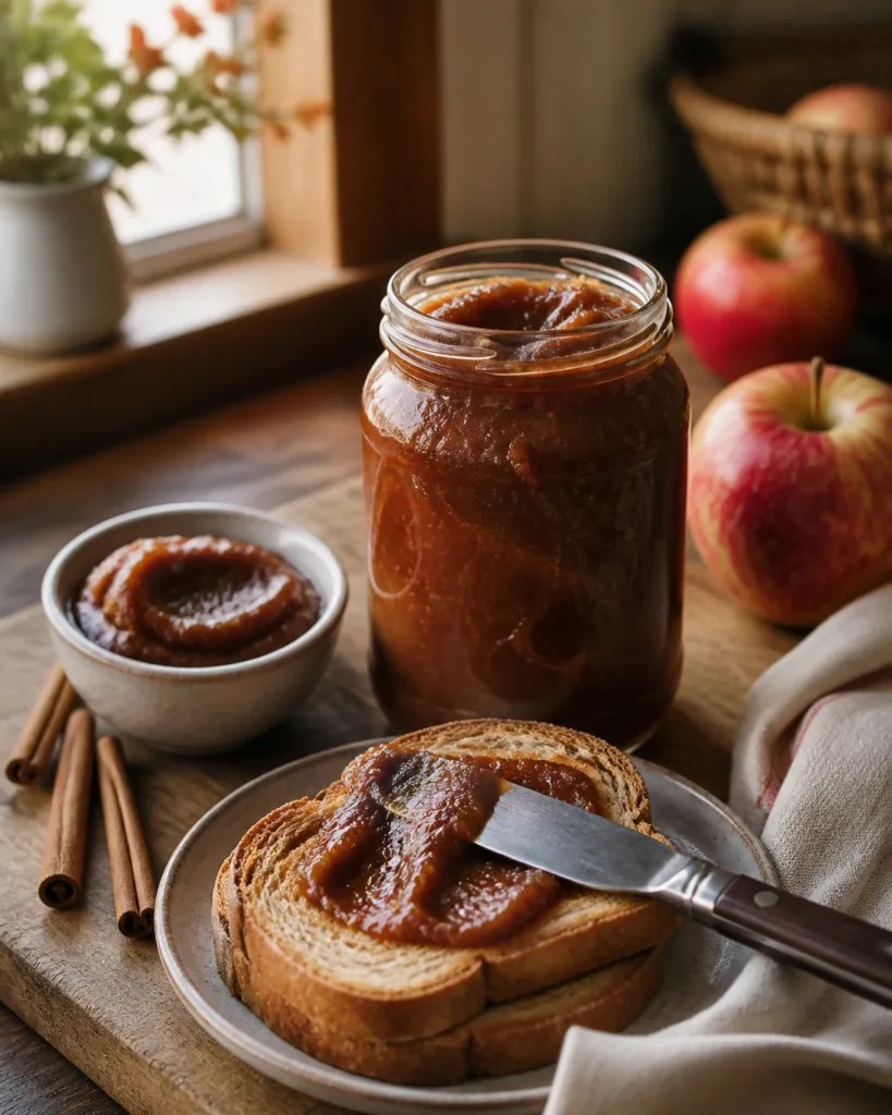 Homemade slow cooker apple butter in a glass jar with fresh apples and toast