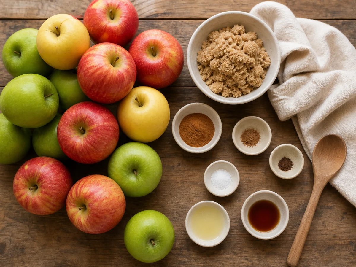 Fresh apples, brown sugar, cinnamon, nutmeg, and spices for slow cooker apple butter