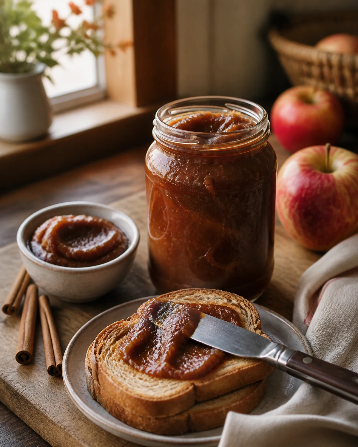 Homemade slow cooker apple butter in a glass jar with fresh apples and toast