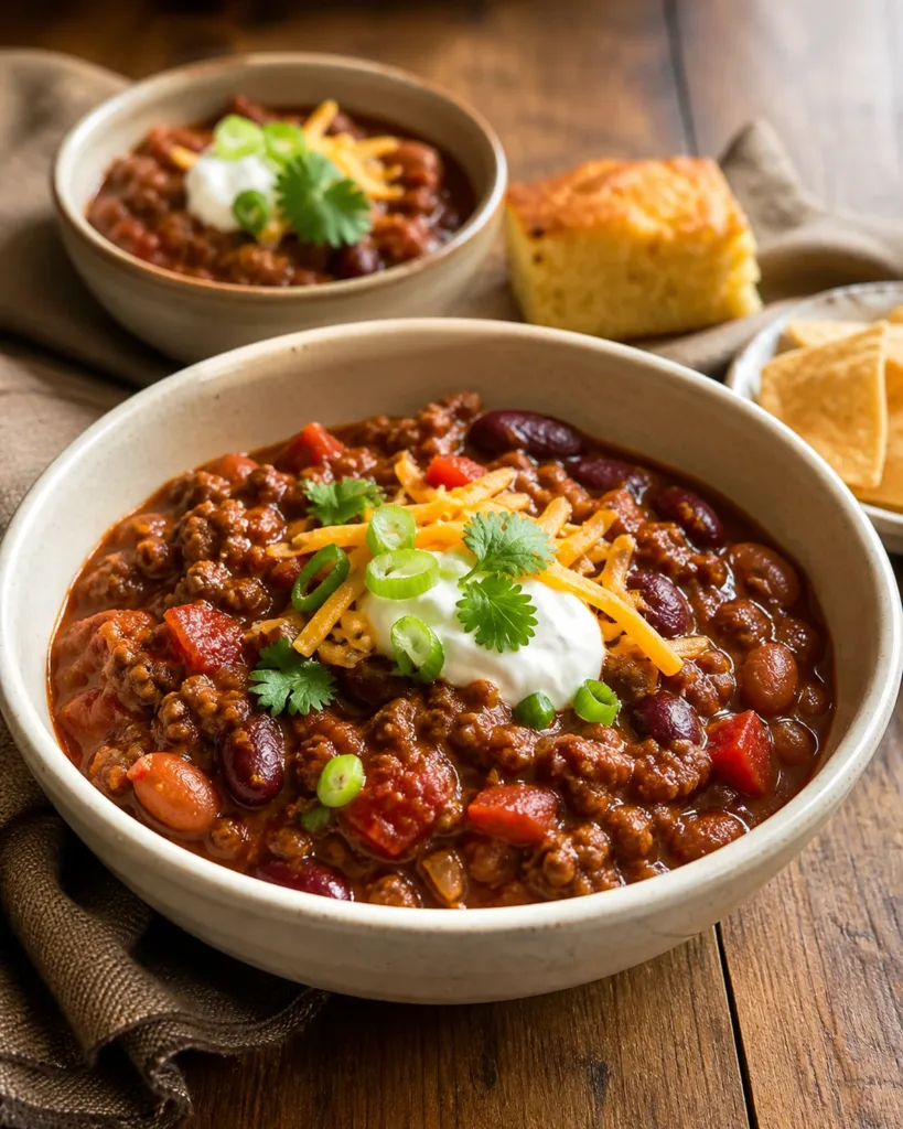 Hearty slow cooker chili with ground beef, kidney beans, pinto beans, cheddar, and sour cream