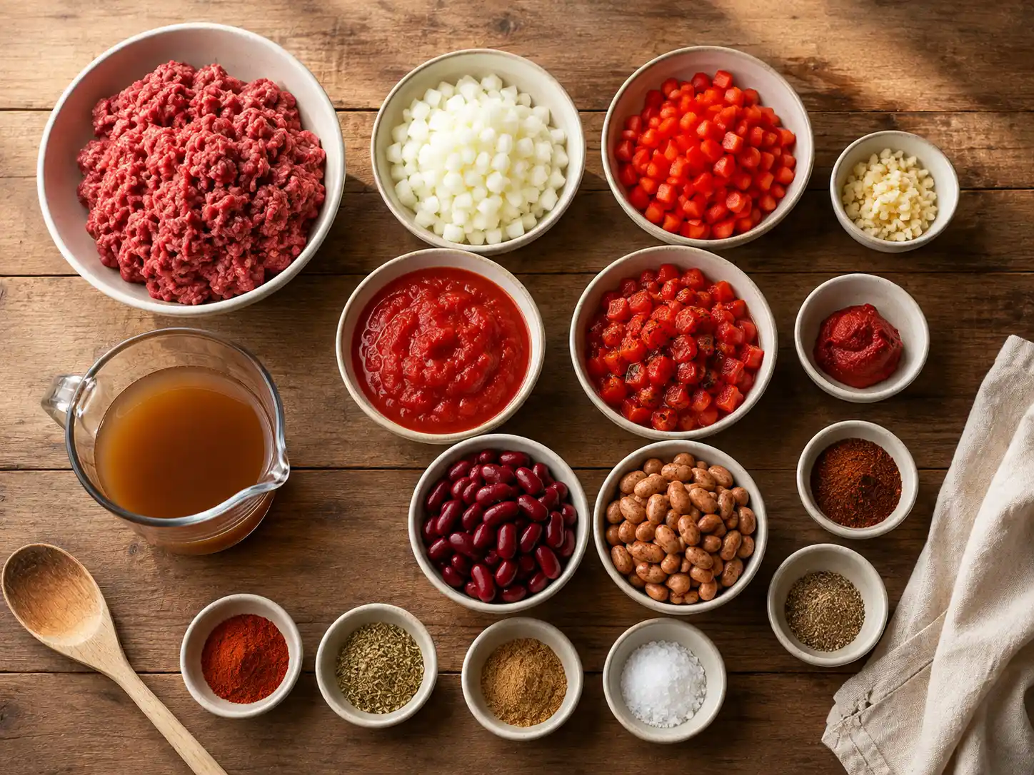 Ground beef, beans, tomatoes, vegetables, and spices for slow cooker chili