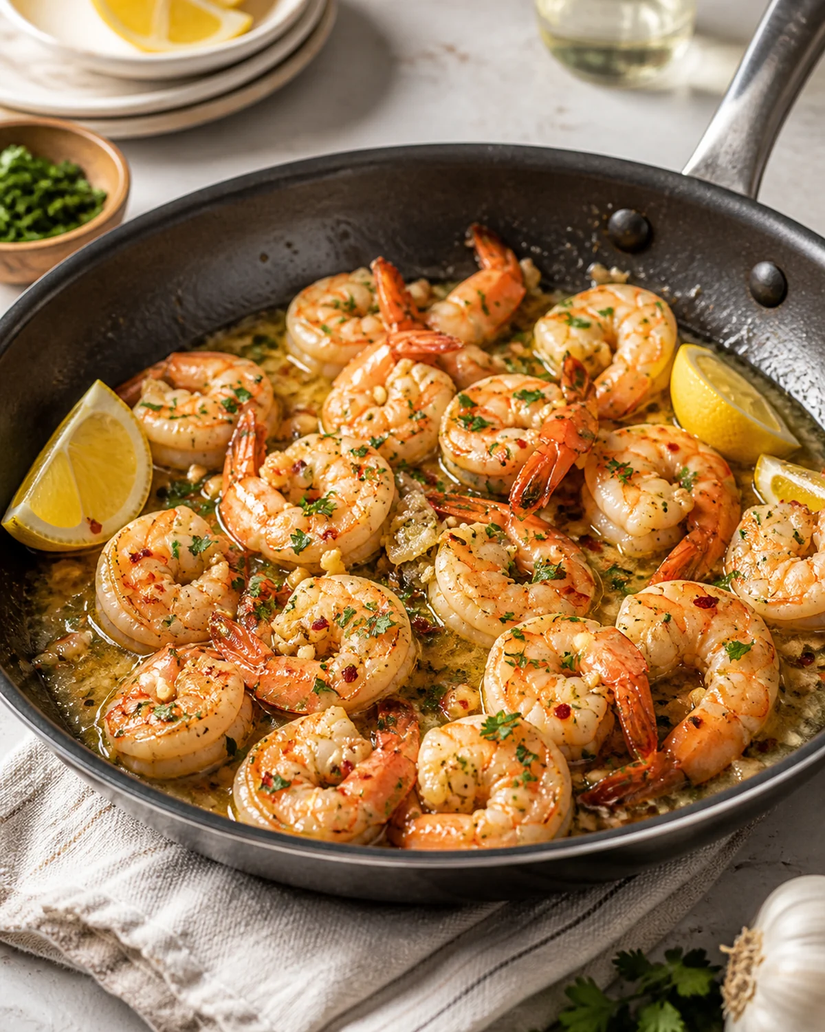 Garlic butter shrimp with lemon and parsley in a skillet