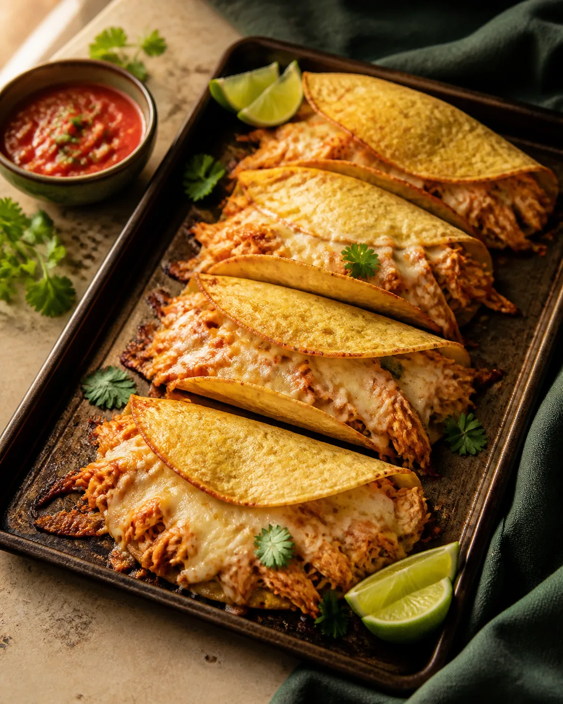 Five baked chicken tacos with melted cheese on a sheet pan