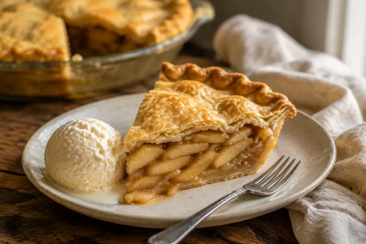 Slice of homemade apple pie with vanilla ice cream