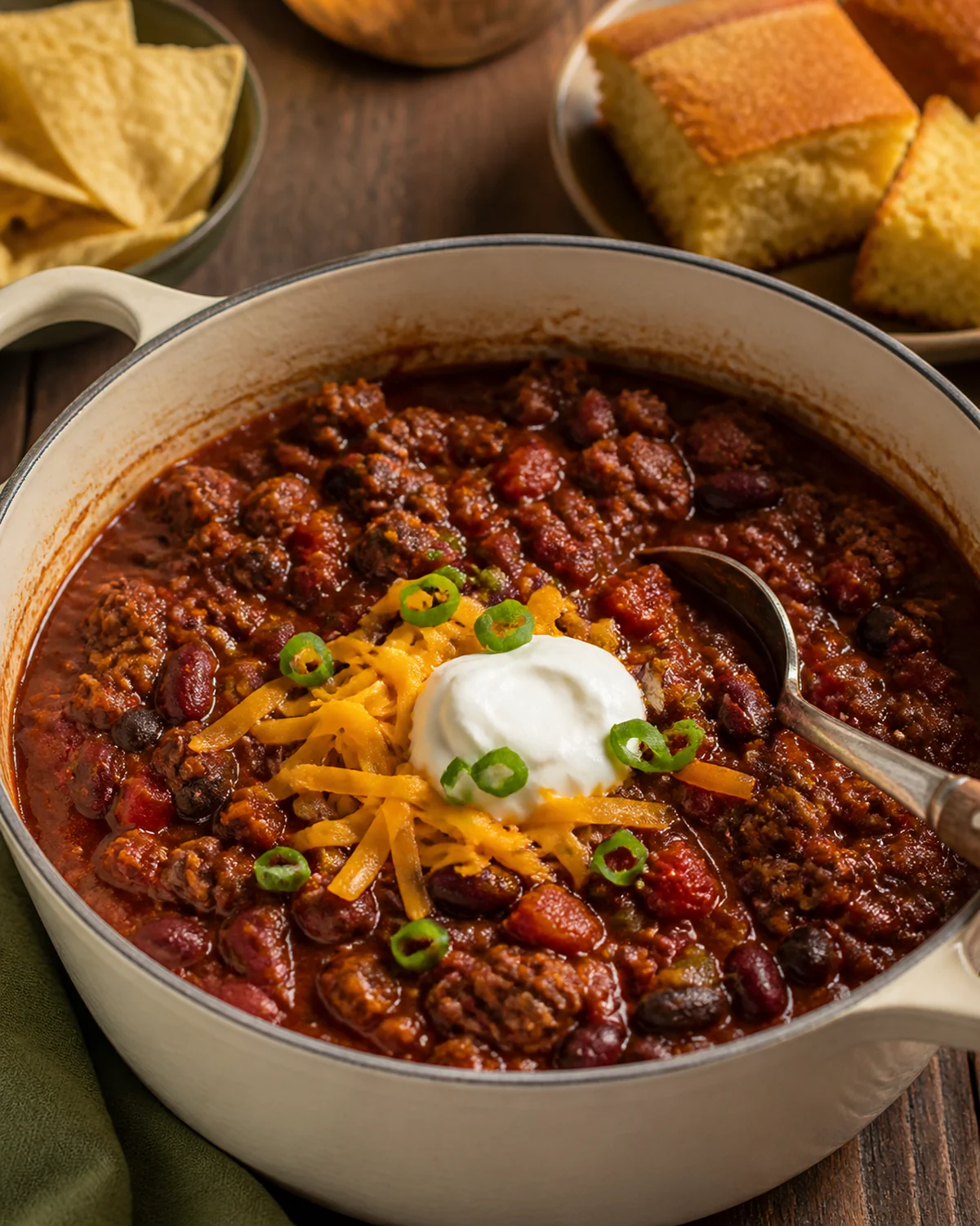 Easy one-pot beef chili with ground beef, beans, cheddar, and green onions