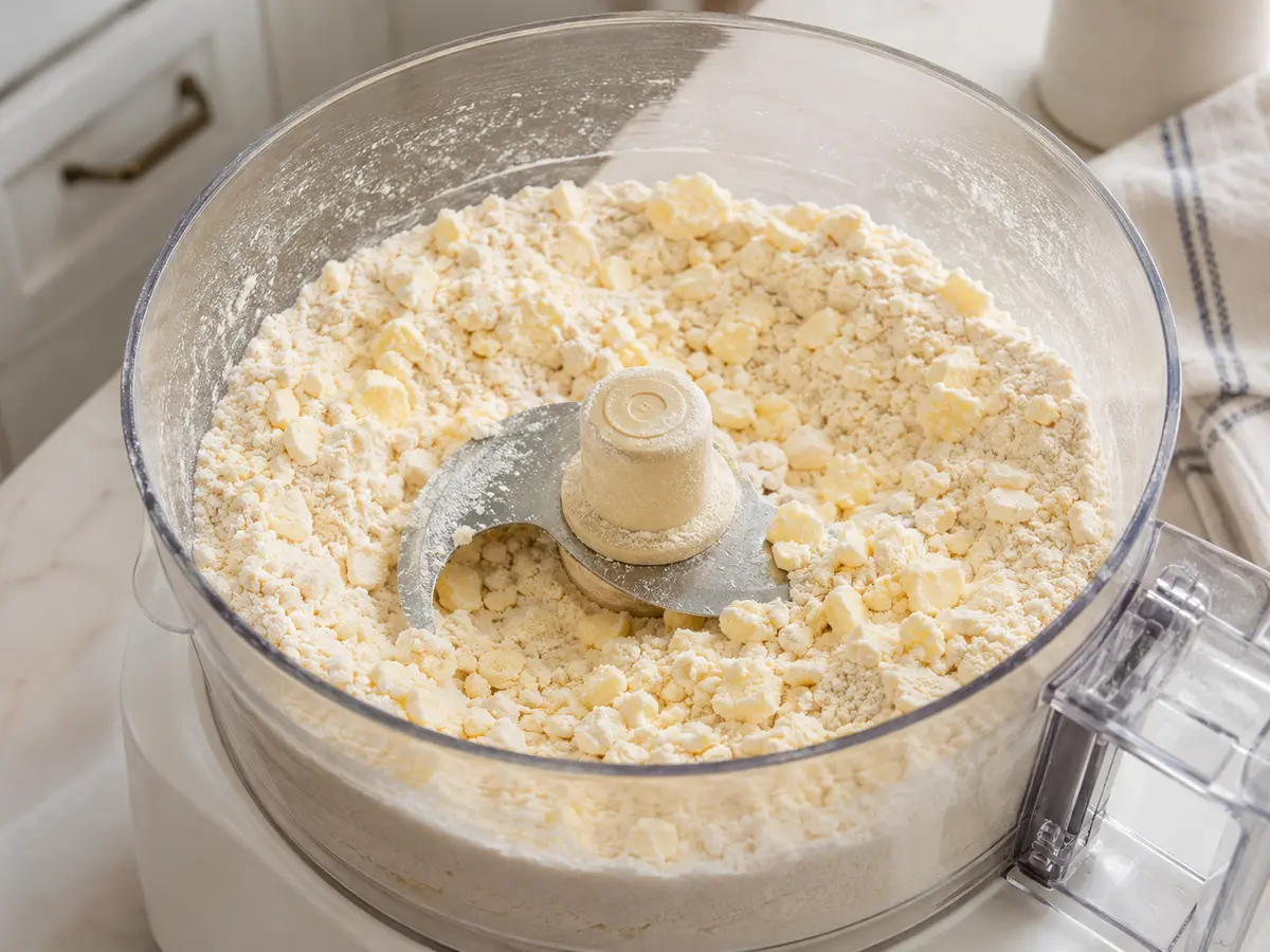 Flour and pea-size cold butter in a food processor