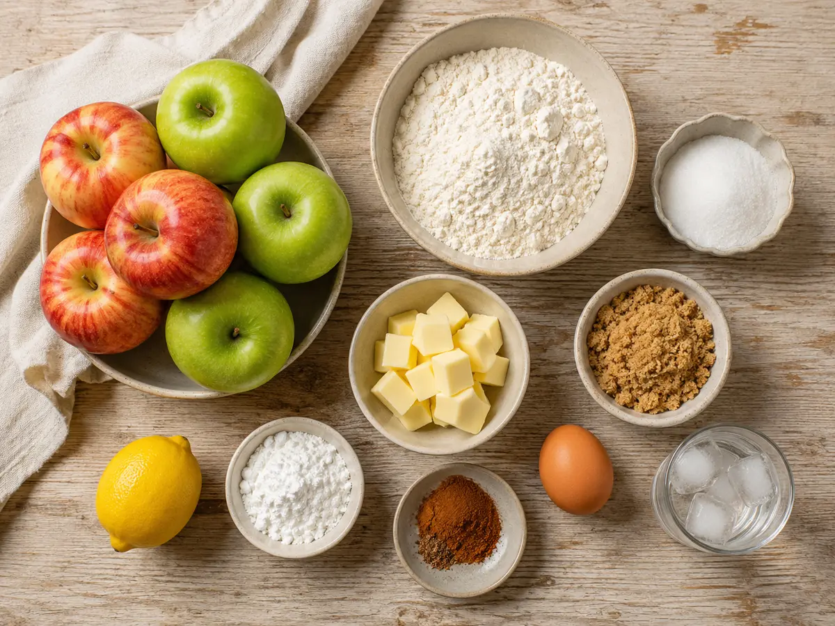 Apples, butter, flour, and spices for homemade apple pie