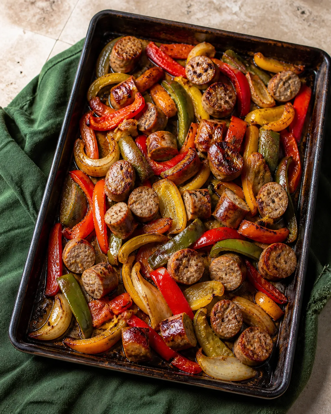 Roasted sausage, bell peppers, and onions on a sheet pan