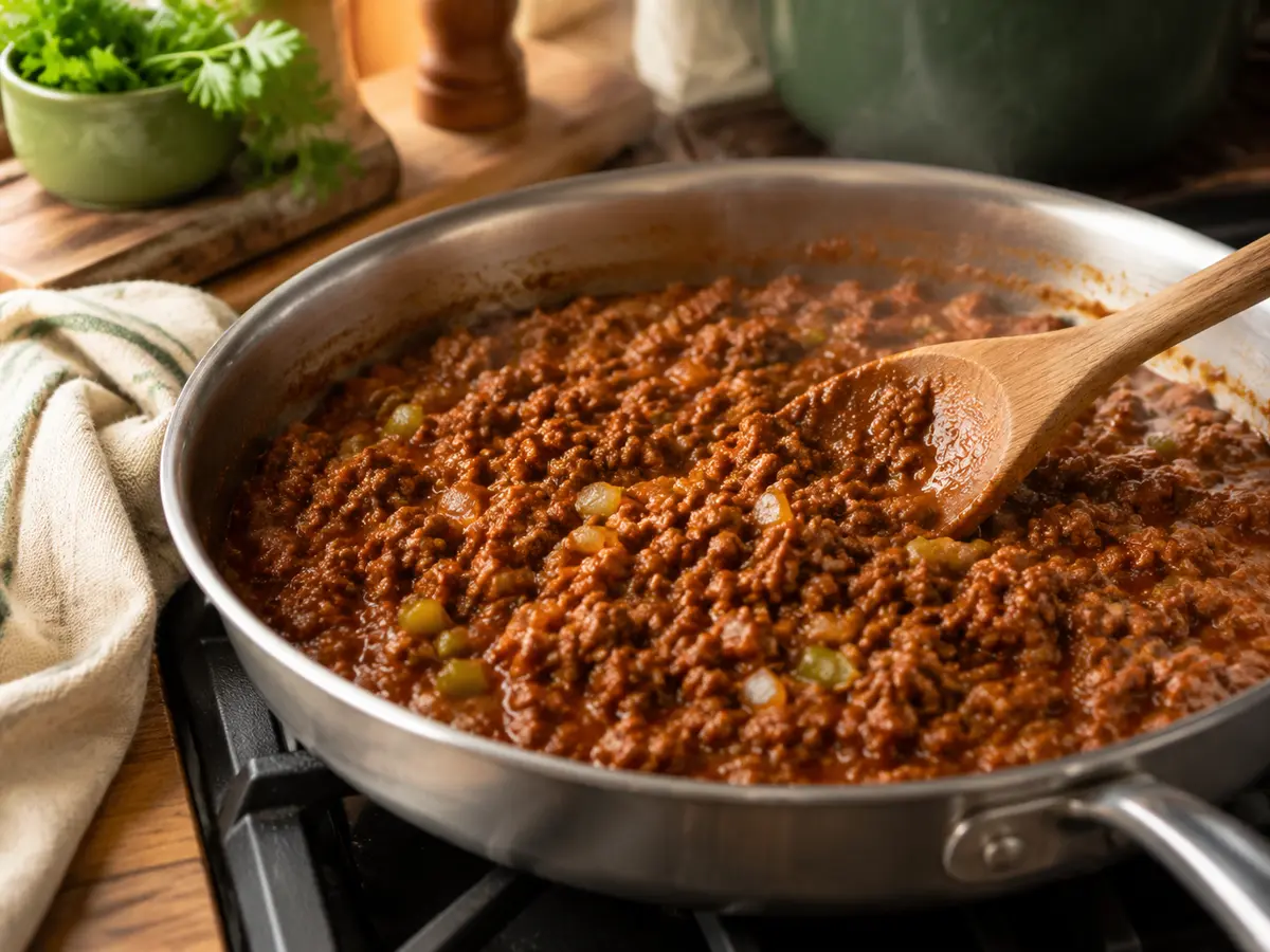 Homemade Sloppy Joe beef filling cooking in a skillet