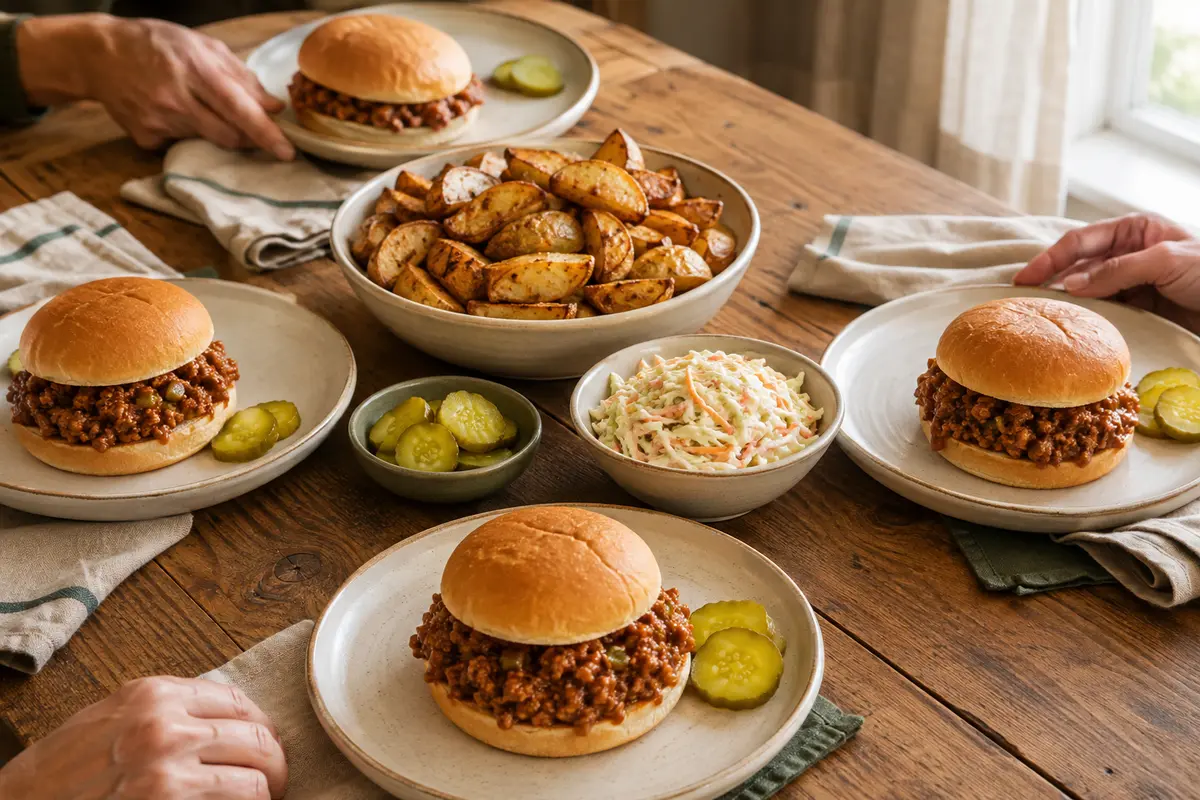 Sloppy Joes served with pickles and potato wedges